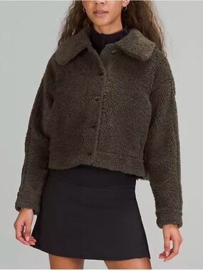 Lululemon Textured Fleece Button Jacket Dark Olive Size 12 Sherpa Cozy